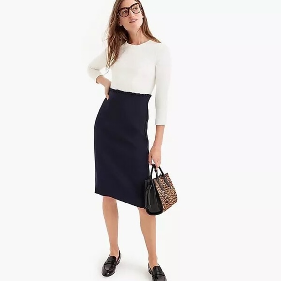 J. Crew Combo Ruffle Dress Cream Navy 4P - Picture 2 of 16